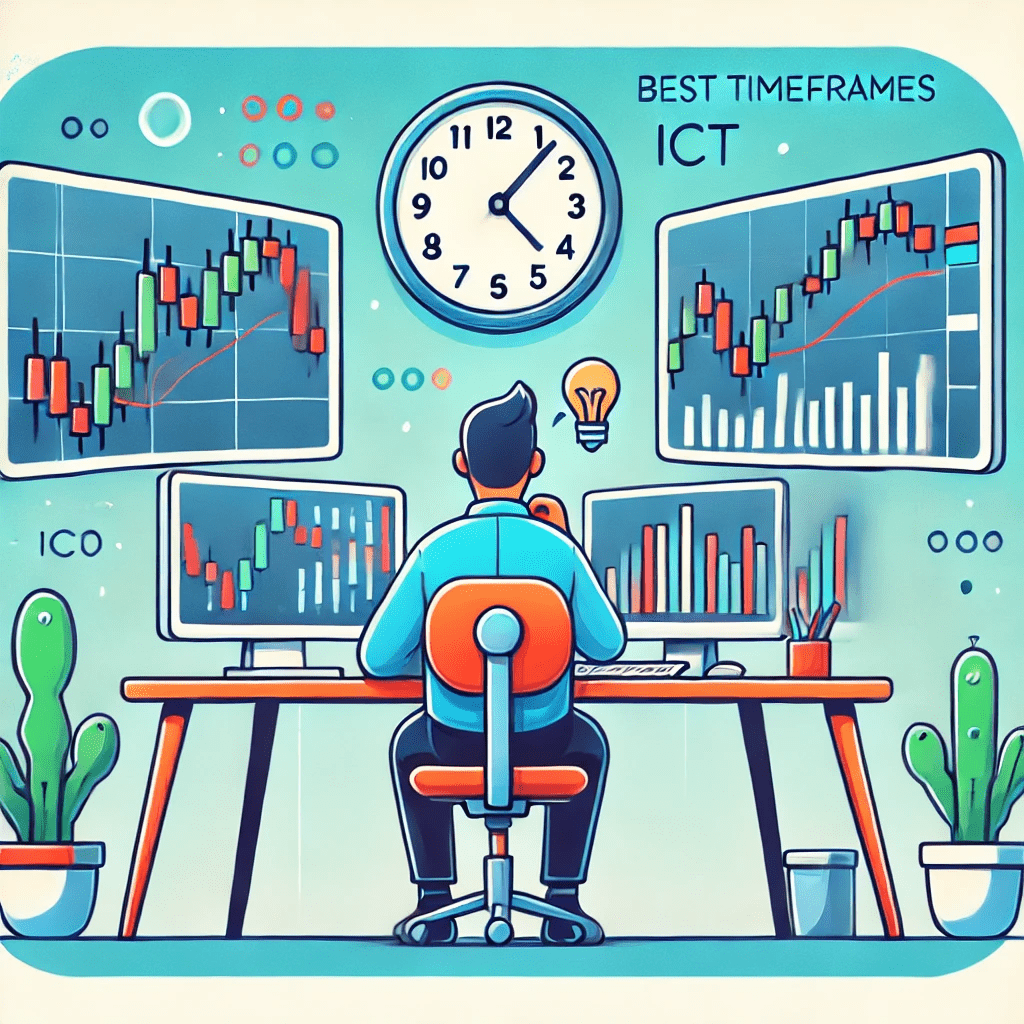 Illustration of a trader studying different timeframes for ICT trading, with multiple screens showing candlestick charts and a large clock symbolizing timing.