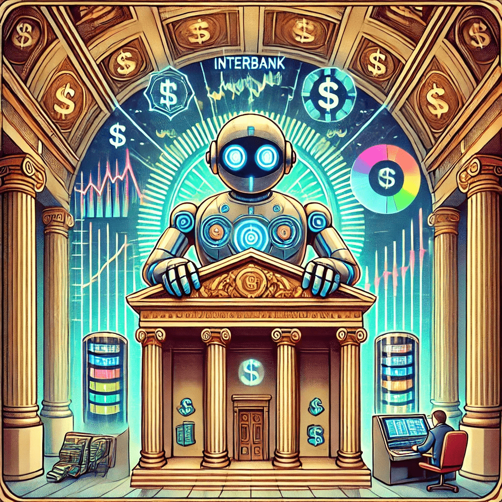 Illustration of a robot or computer system inside a traditional bank, surrounded by glowing data streams, symbolizing the interbank algorithm in trading IPDA.