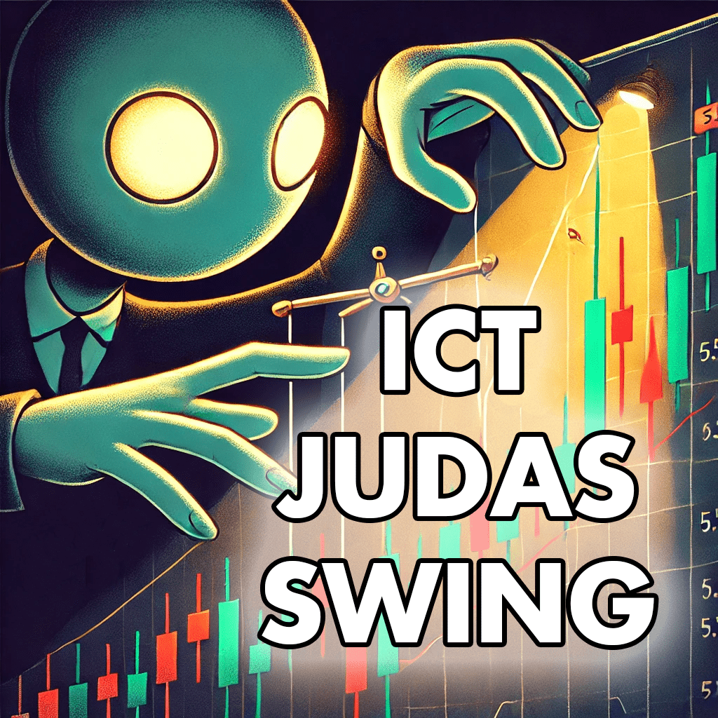 Illustration of the ICT Judas Swing concept showing a candlestick chart with a large wick and a puppet-like hand symbolizing market manipulation and false breakouts.