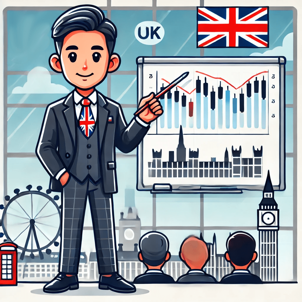 Illustration of best forex course UK teacher in the UK, wearing a suit with a British flag tie, teaching a class in front of a whiteboard with financial charts, and UK landmarks visible outside the window.