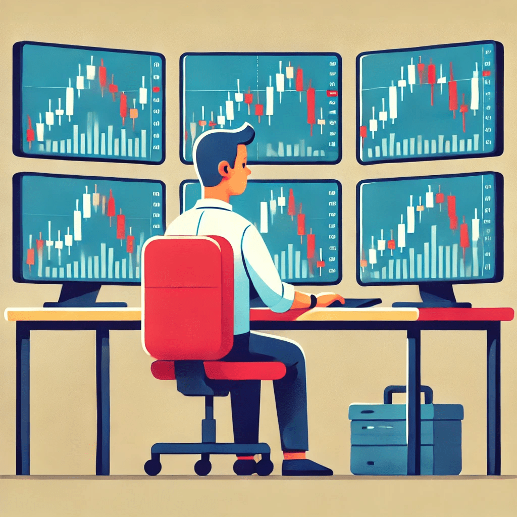Illustration of a trader studying ICT trading strategies for beginners, taking notes while analyzing candlestick charts on multiple screens.