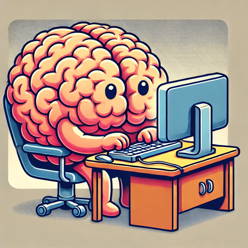 Cartoon-style illustration of a large brain acting as the body, sitting at a computer and typing on a keyboard, depicting what is SMC Smart Money Concepts