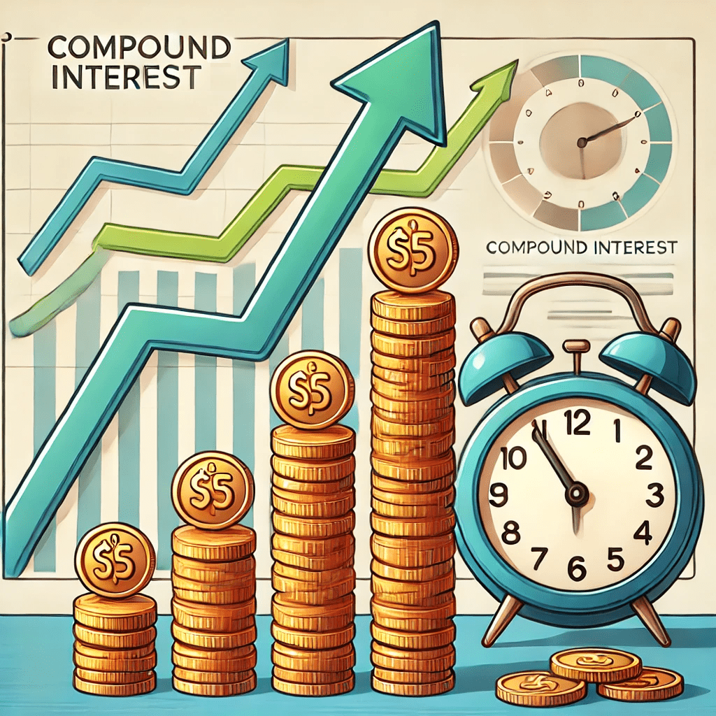Illustration of compound interest featuring progressively taller stacks of coins with upward arrows and a clock in the background.