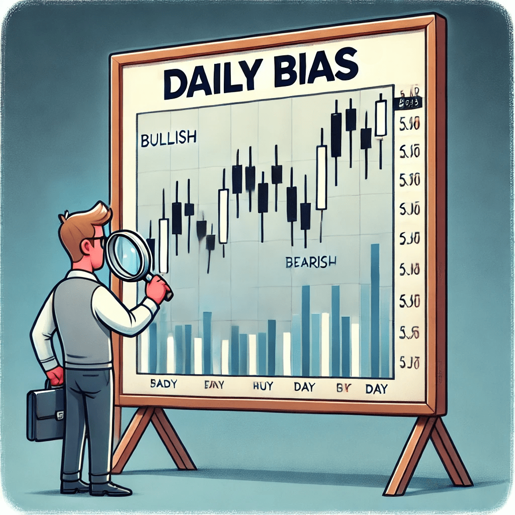 Illustration of daily bias in trading, showing a candlestick chart with bullish and bearish trends, and a trader using a magnifying glass for analysis.
