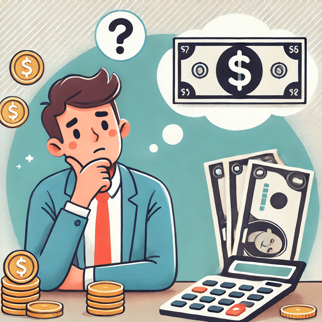 Illustration of a man sitting at a table, thinking about how much money do you need to start trading.