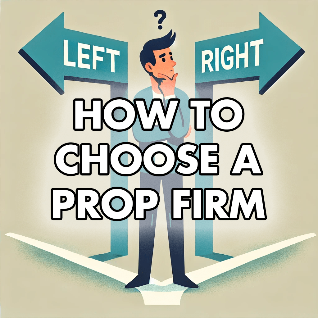 Illustration of a trader at a crossroads with signposts labeled with prop firm criteria, symbolizing how to choose a prop firm.