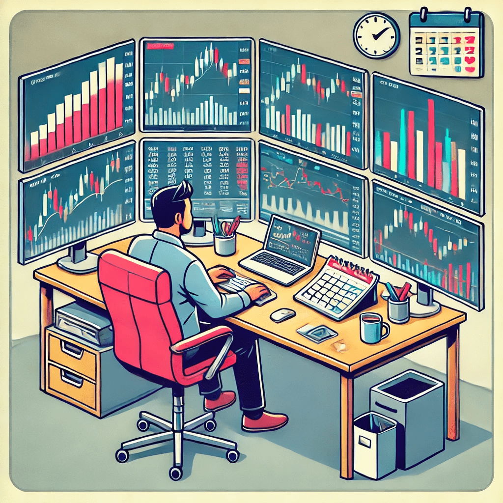 Illustration of a day trader working at a desk with monitors displaying charts and market data, representing how long does it take to learn day trading.