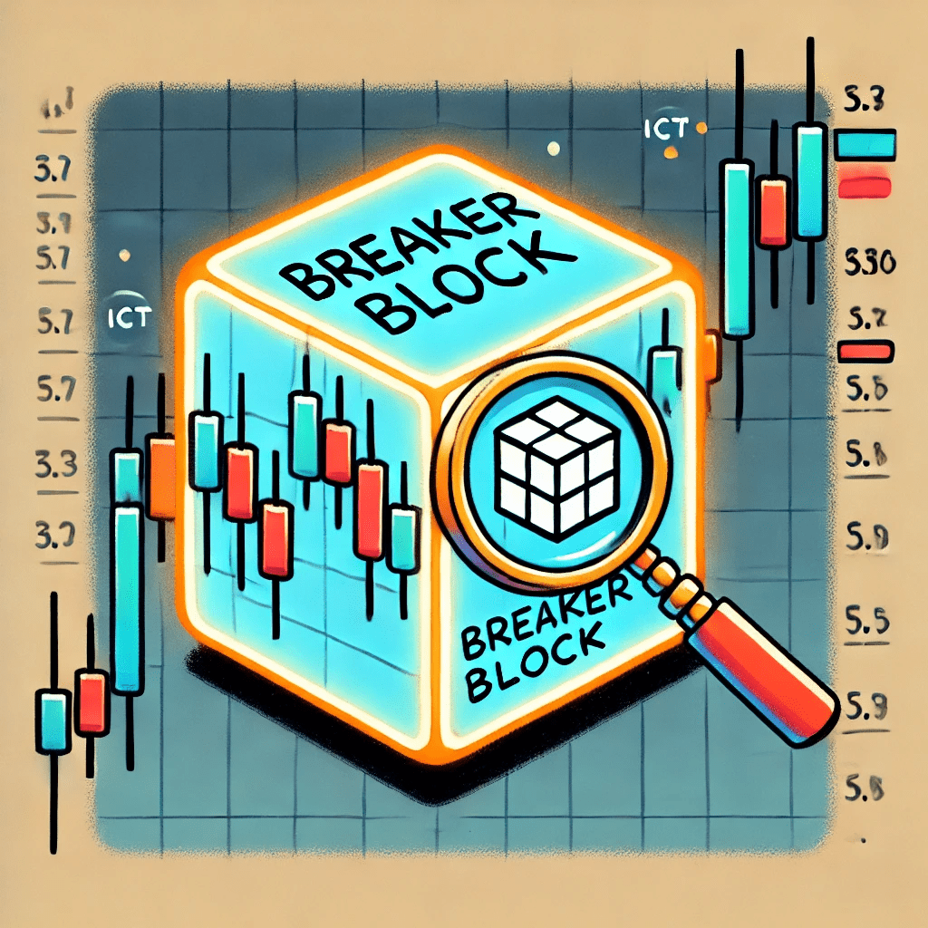 Illustration representing the ICT breaker block concept in trading, showing a highlighted breaker block zone on a candlestick chart with a magnifying glass for detailed analysis.