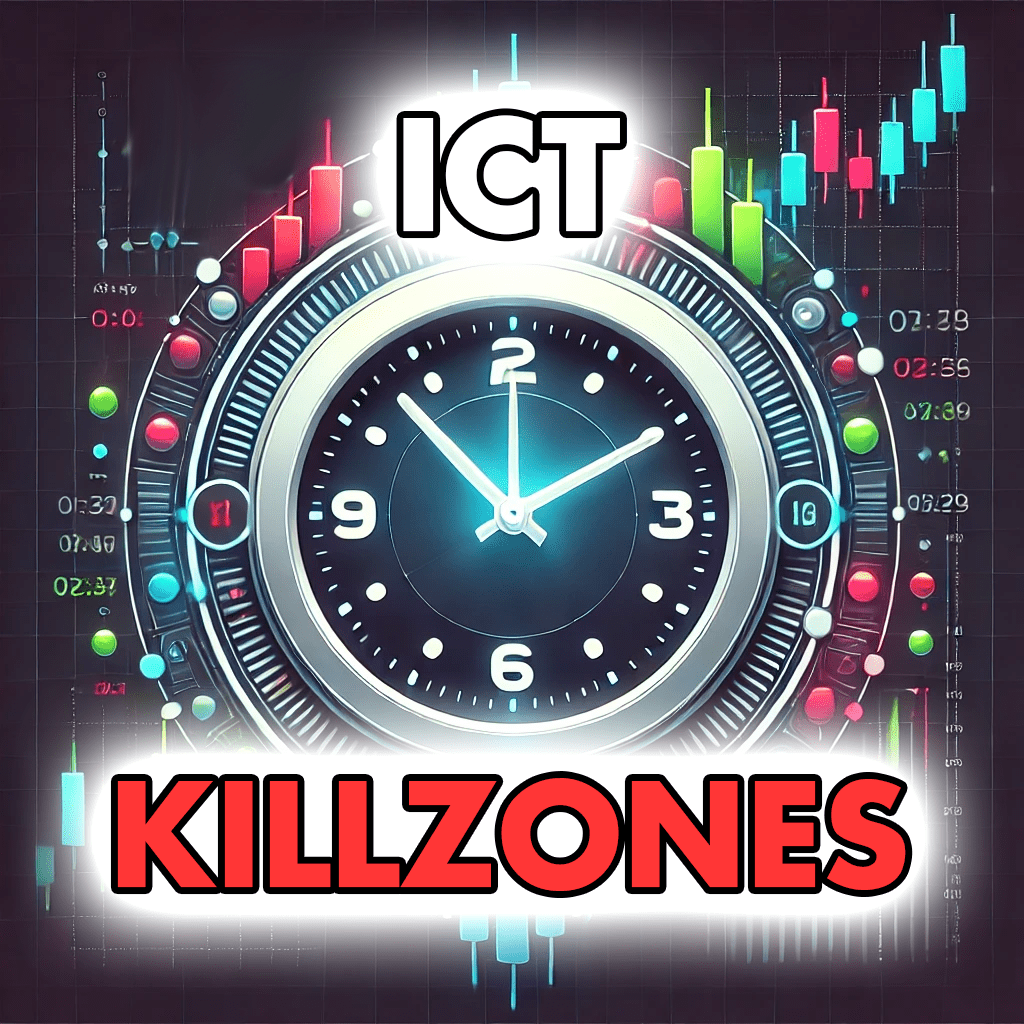 Cartoon-style image featuring a central clock with trading charts and candlestick patterns around it, representing ICT Killzones and trading session timings.