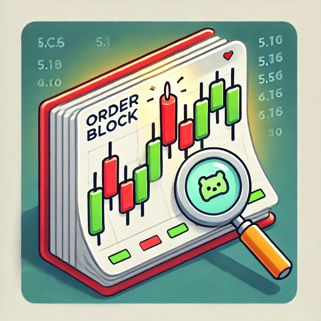 Cartoon-style image representing the ICT order block in trading, featuring a candlestick chart with a highlighted area indicating a significant price level.
