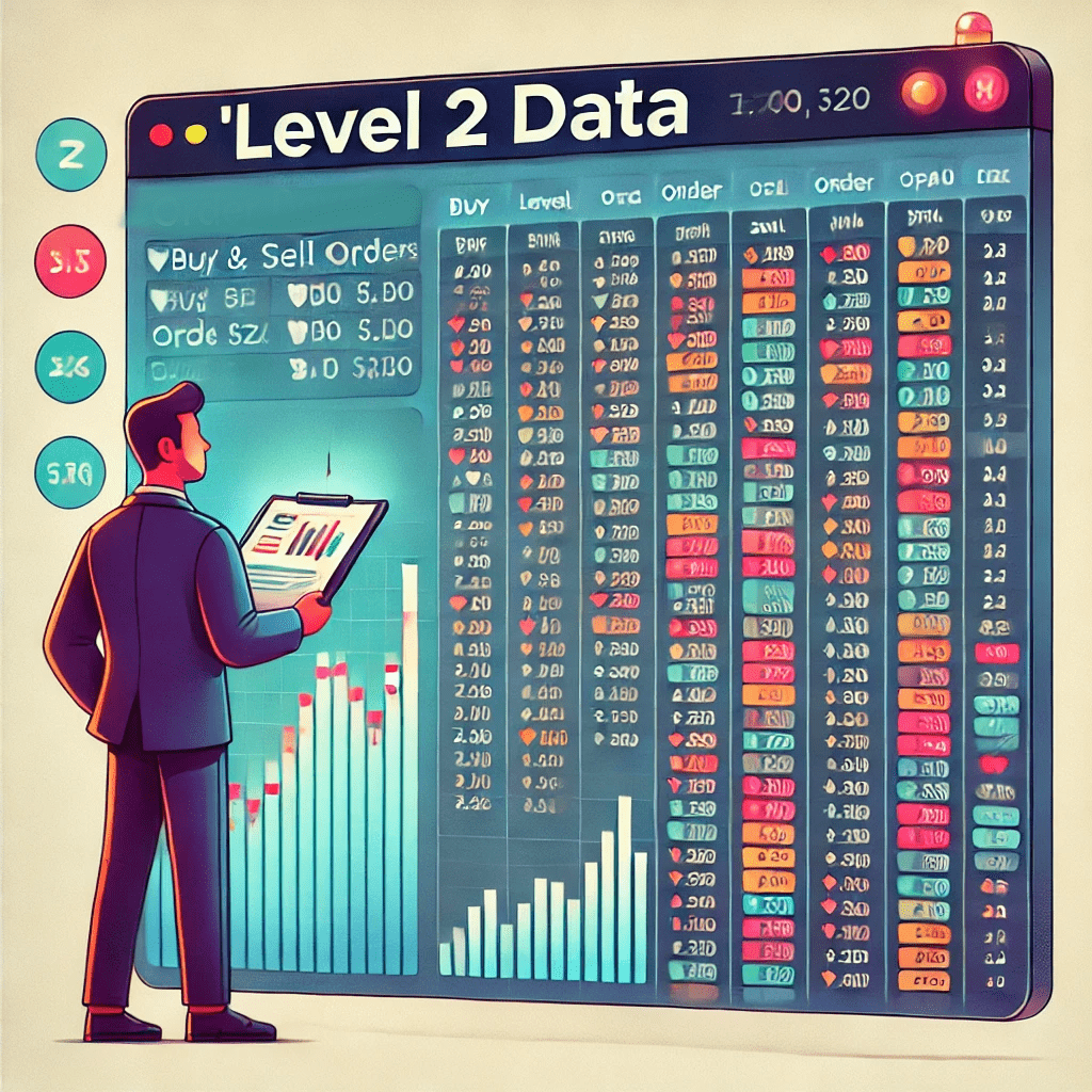 Illustration of Level 2 data in trading, featuring a detailed order book with buy and sell orders, price levels, and a trader analyzing the screen.