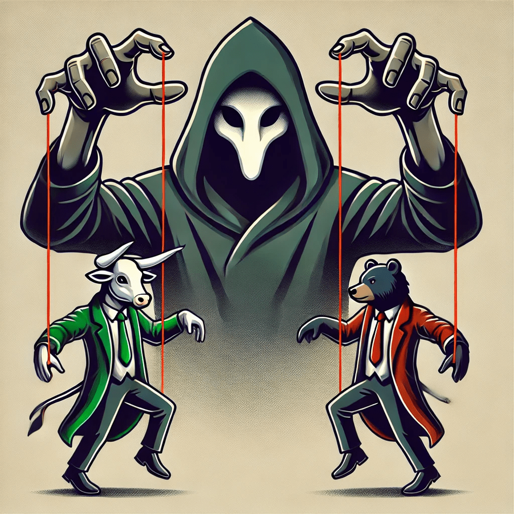 Cartoon-style illustration of a puppeteer controlling a bull in a green suit and a bear in a red suit, representing bullish and bearish traders in market maker models.
