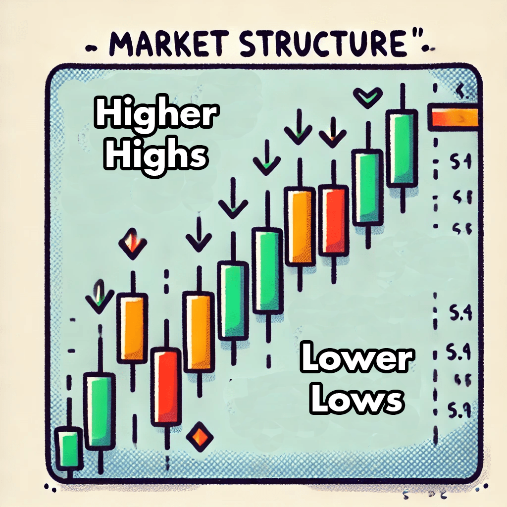 Cartoon-style image of a candlestick chart showing higher highs, lower lows, and key market structure points in trading with minimal text.