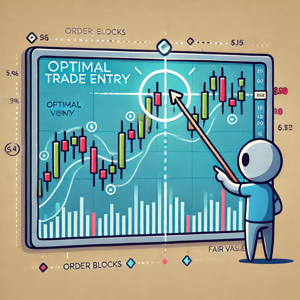 Illustration of optimal trade entry in trading, featuring a candlestick chart with a highlighted entry point and a trader pointing to it for precision.