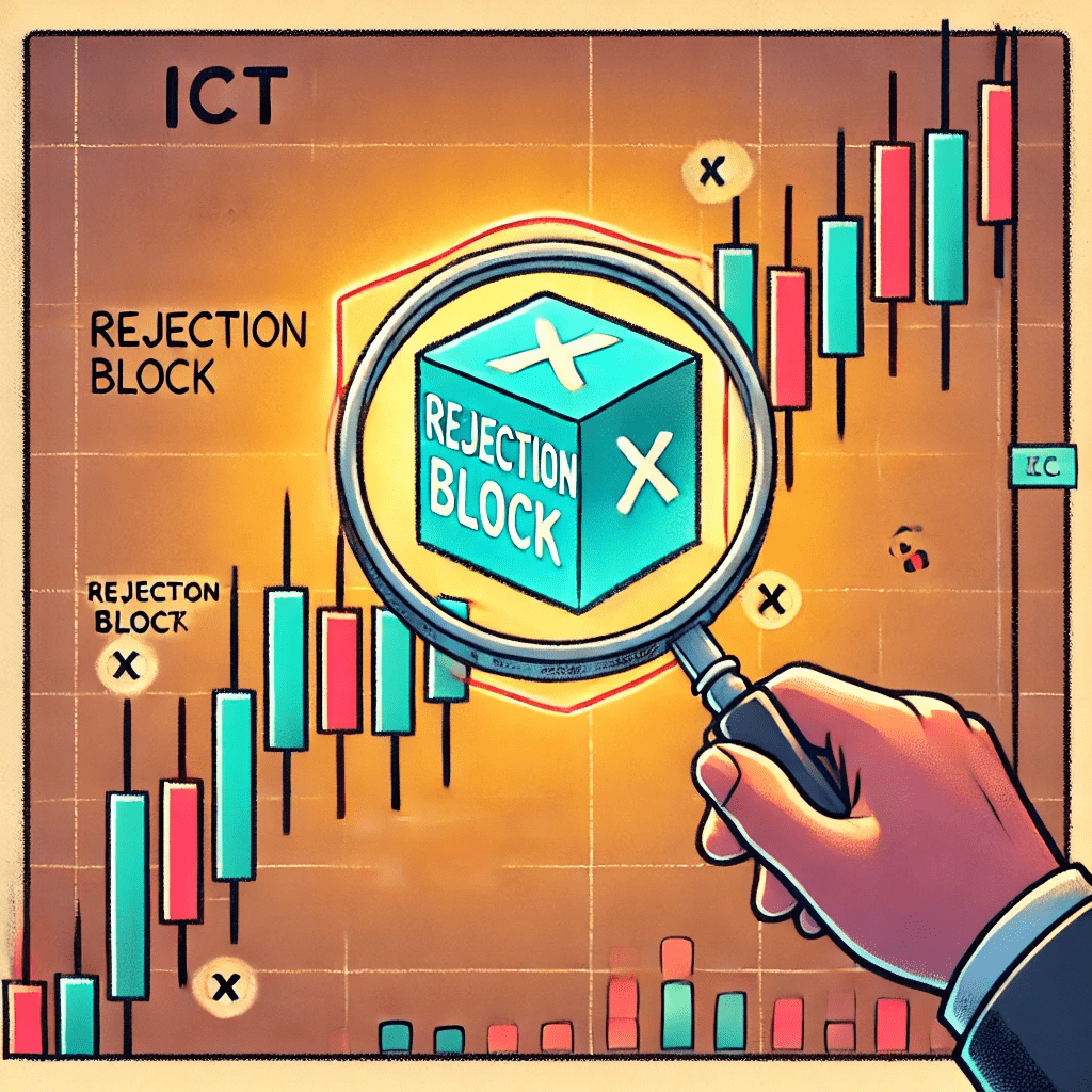  Illustration of the ICT rejection block concept in trading, showing a highlighted rejection block zone on a candlestick chart with a magnifying glass for analysis.