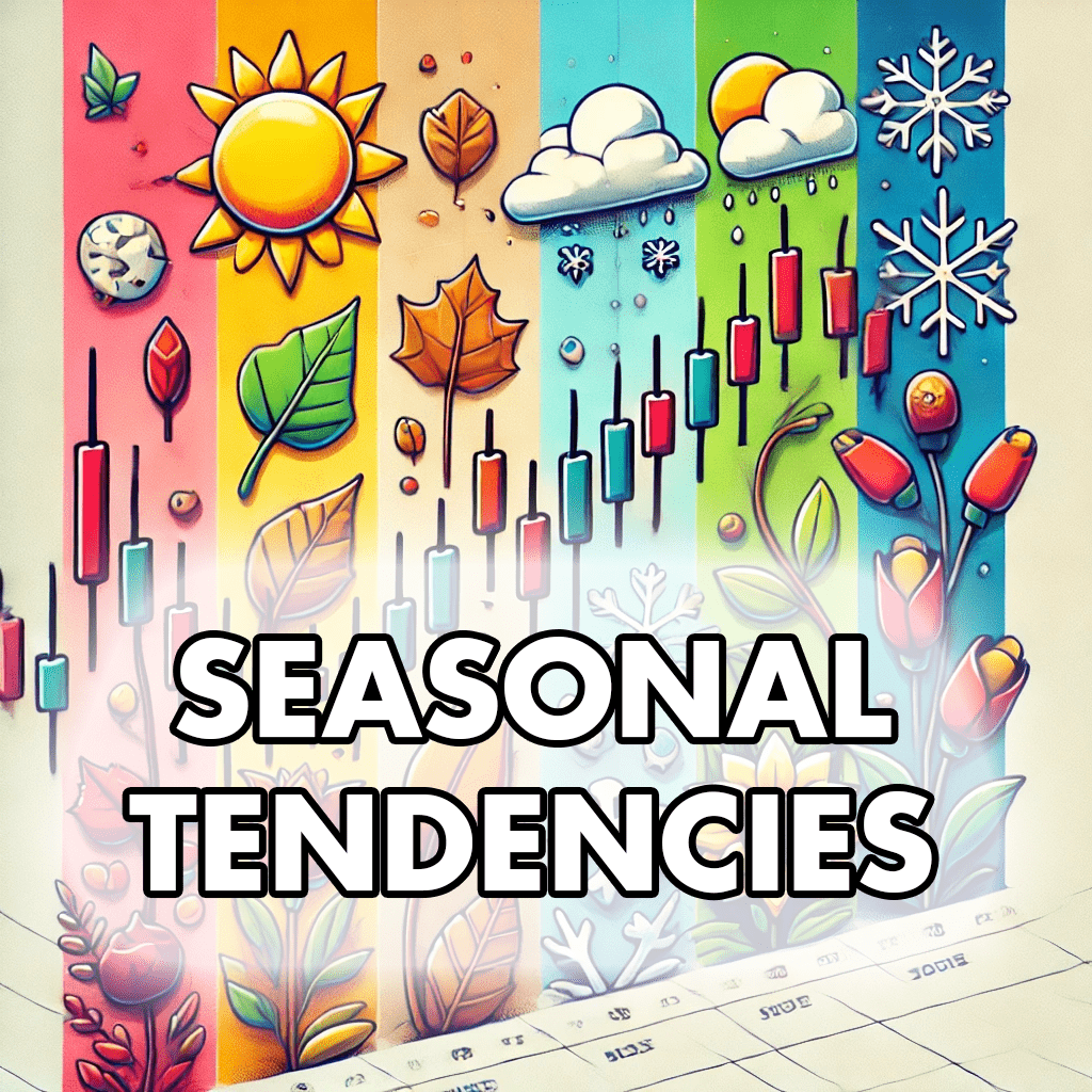 Cartoon-style image of a candlestick chart combined with seasonal symbols like sun, leaves, snowflakes, and flowers, illustrating seasonal tendencies in trading.