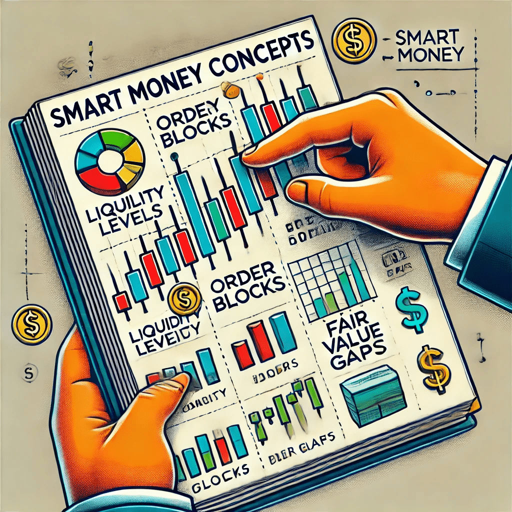 Illustration of smart money concepts in trading, showing a detailed candlestick chart with liquidity zones, order blocks, and a subtle hand influencing the market.