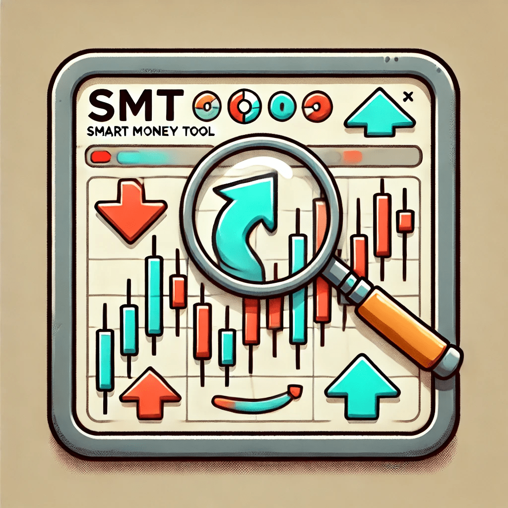 Cartoon-style image representing ICT SMT Divergence, featuring two financial charts with opposite trends and arrows highlighting the divergence between them.