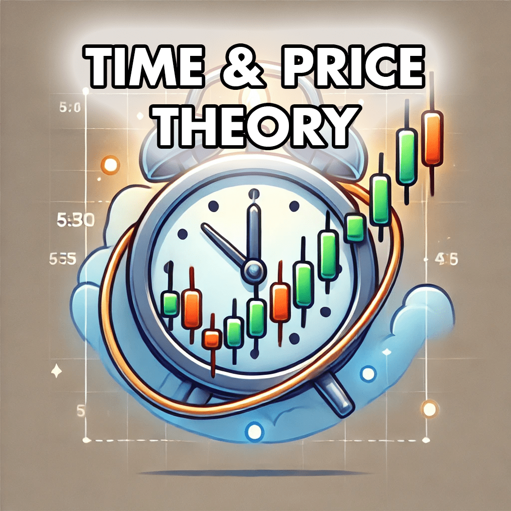 Illustration of time and price theory in trading, featuring a clock displaying trading session times and a candlestick chart with key levels and movements.