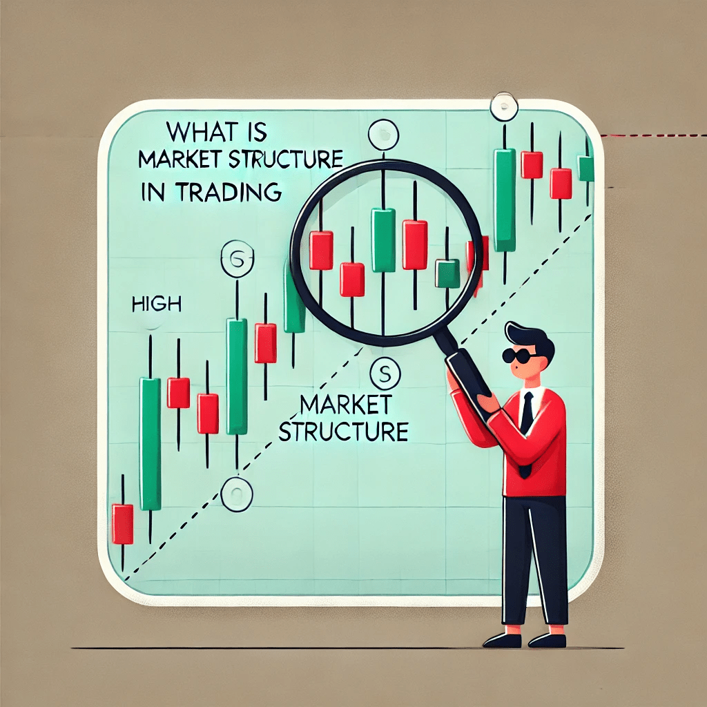 Cartoon-style thumbnail showing a trader with a magnifying glass analyzing a chart labeled "Market Structure," explaining what market structure is in trading.