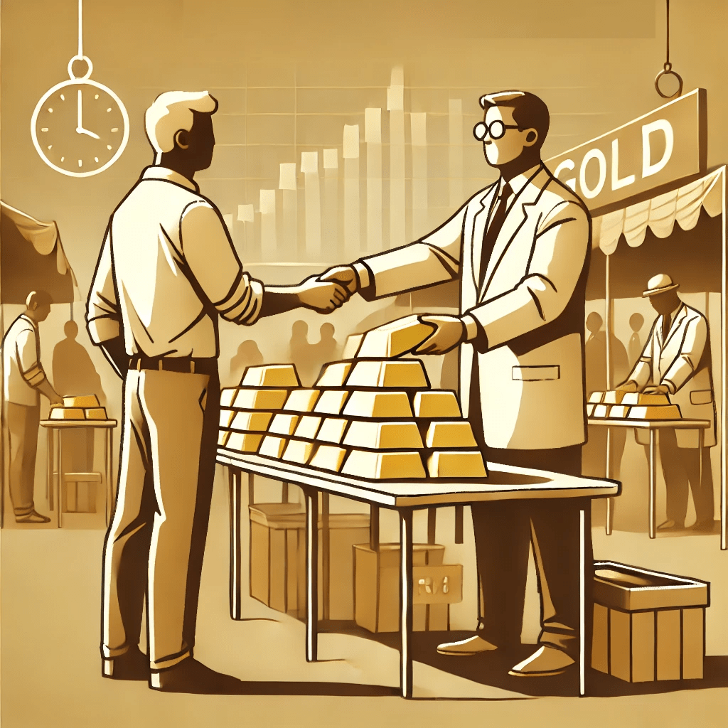 A man at a market handing over a stack of gold bars to another person, symbolizing a trade, with warm golden hues representing the best time to trade gold.