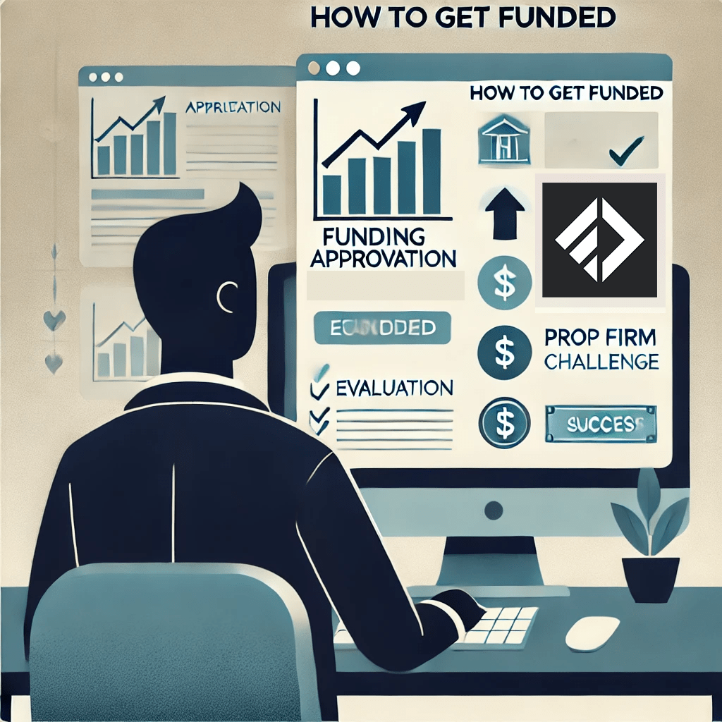 A trader sitting at a desk receiving a funding approval notification on a computer screen, representing the prop firm evaluation process, wondering how to get funded.