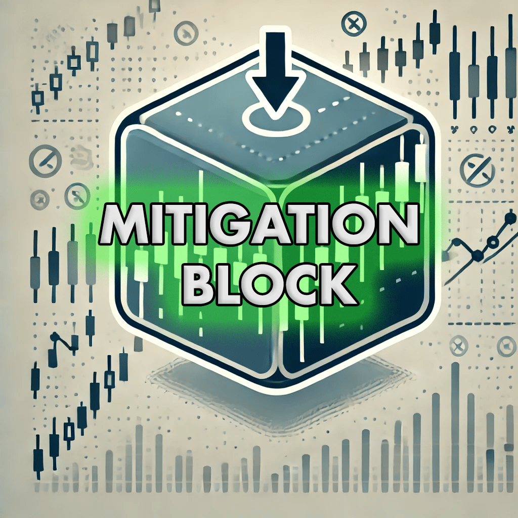 A candlestick pattern with a highlighted mitigation block showing price retracement, illustrating ICT trading concepts.