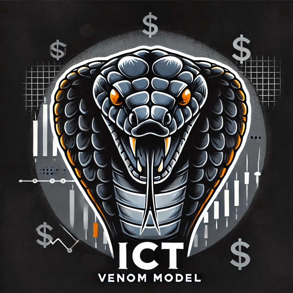A cobra's head facing directly towards the viewer with fangs bared and hood flared, symbolizing danger and precision in ICT trading.