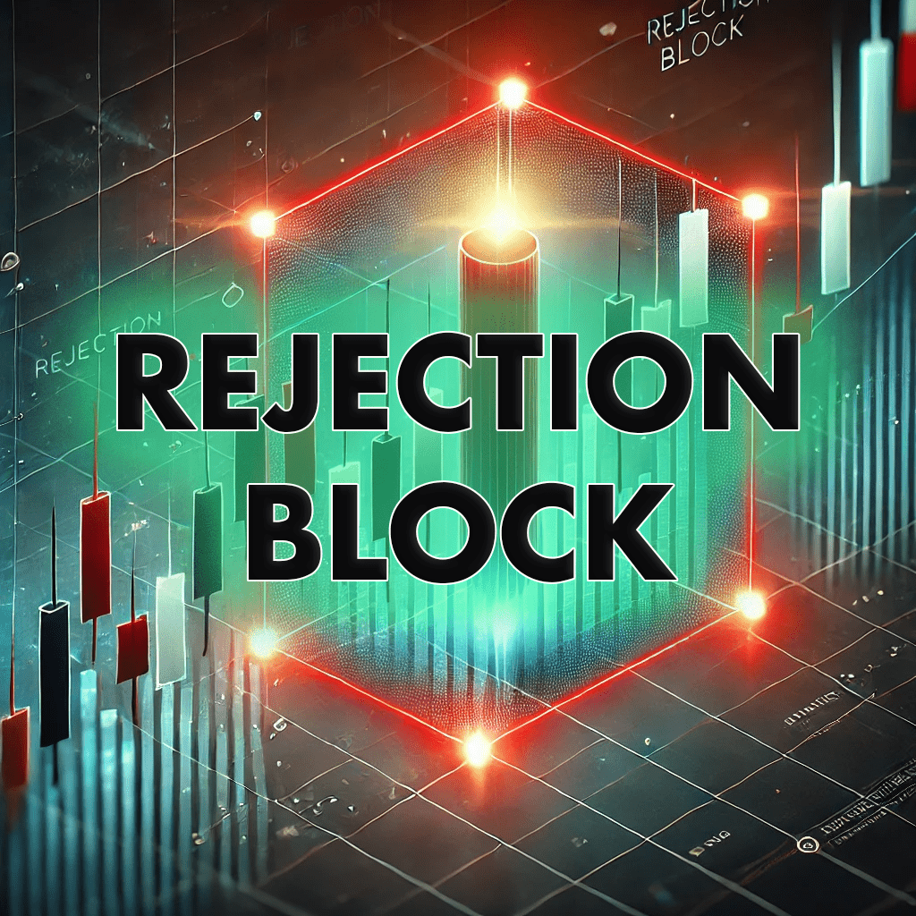 A candlestick chart showing a candle being sharply rejected at a resistance level, illustrating the ICT trading concept of a rejection block.