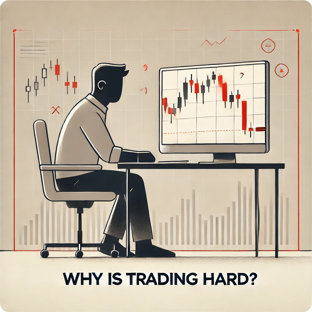 A minimalist silhouette of a trader sitting at a desk, looking at a downward-trending candlestick chart on a monitor, symbolizing trading difficulty as he ponders why is trading hard.