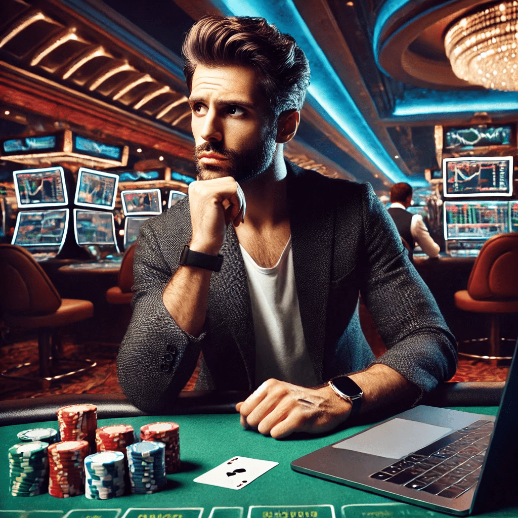 A man sitting at a casino table, pondering is trading gambling, with poker chips and a stock market chart on a laptop.
